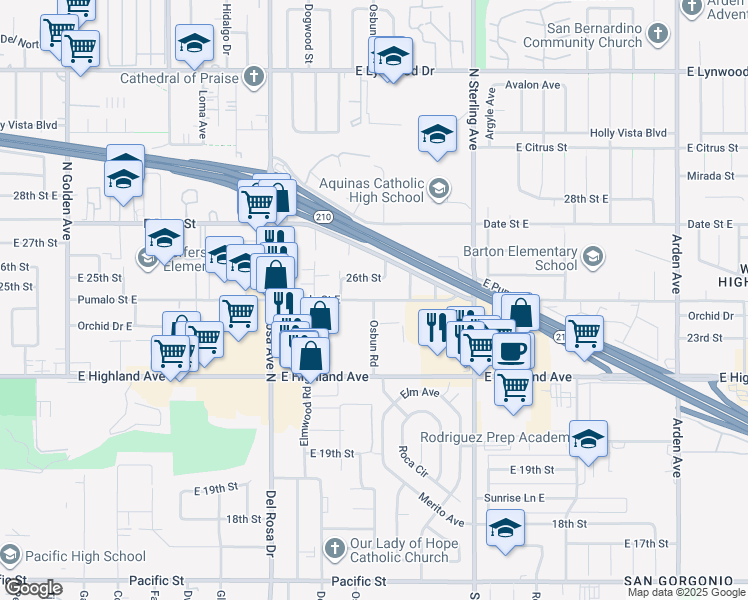 map of restaurants, bars, coffee shops, grocery stores, and more near Osbun Road & East Pumalo Street in San Bernardino