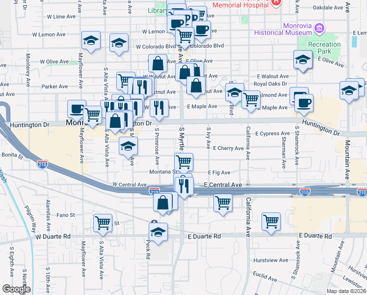 map of restaurants, bars, coffee shops, grocery stores, and more near 1240 South Myrtle Avenue in Monrovia