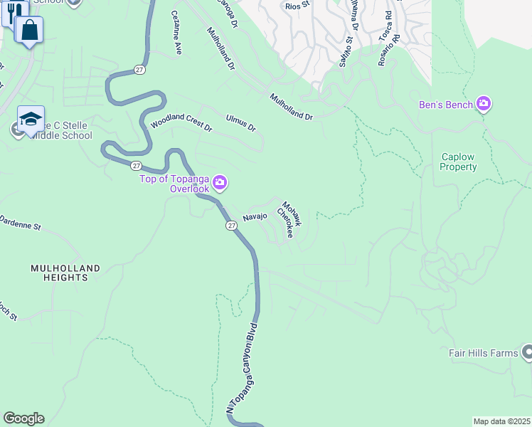 map of restaurants, bars, coffee shops, grocery stores, and more near 117 Navajo in Topanga