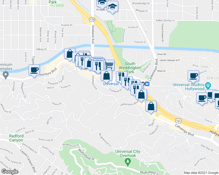 map of restaurants, bars, coffee shops, grocery stores, and more near 10865 1/2 Fruitland Drive in Los Angeles