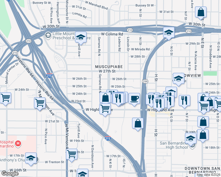 map of restaurants, bars, coffee shops, grocery stores, and more near 1097 West 25th Street in San Bernardino