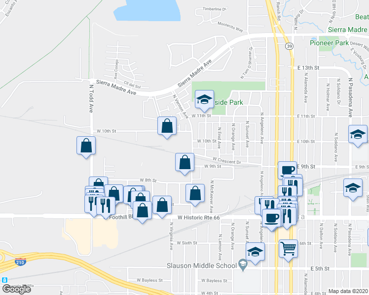 map of restaurants, bars, coffee shops, grocery stores, and more near 939 North Vernon Avenue in Azusa