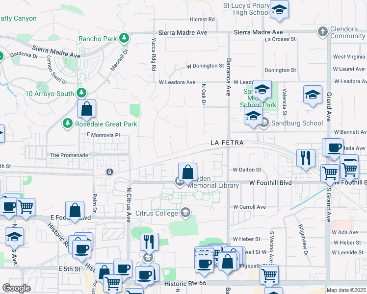 map of restaurants, bars, coffee shops, grocery stores, and more near 245 Snapdragon Lane in Glendora