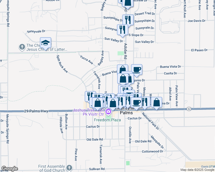 map of restaurants, bars, coffee shops, grocery stores, and more near 6352 Smoketree Avenue in Twentynine Palms