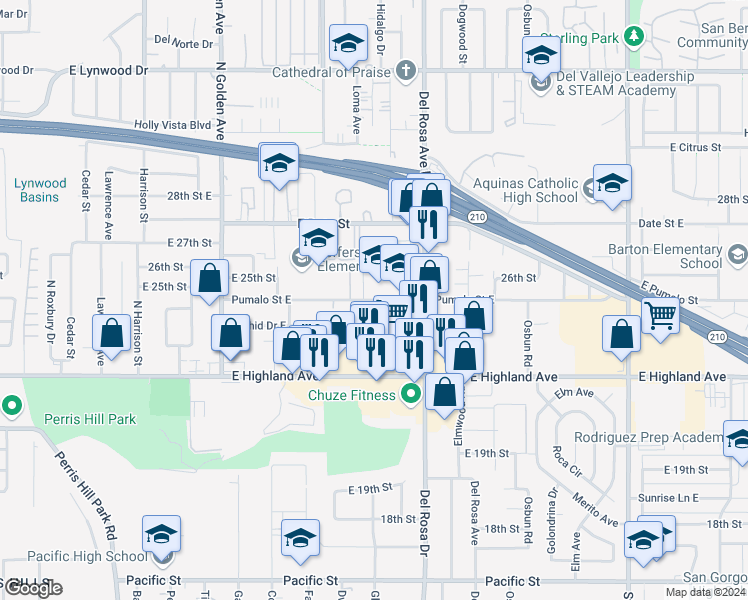map of restaurants, bars, coffee shops, grocery stores, and more near 1515 Pumalo Street East in San Bernardino