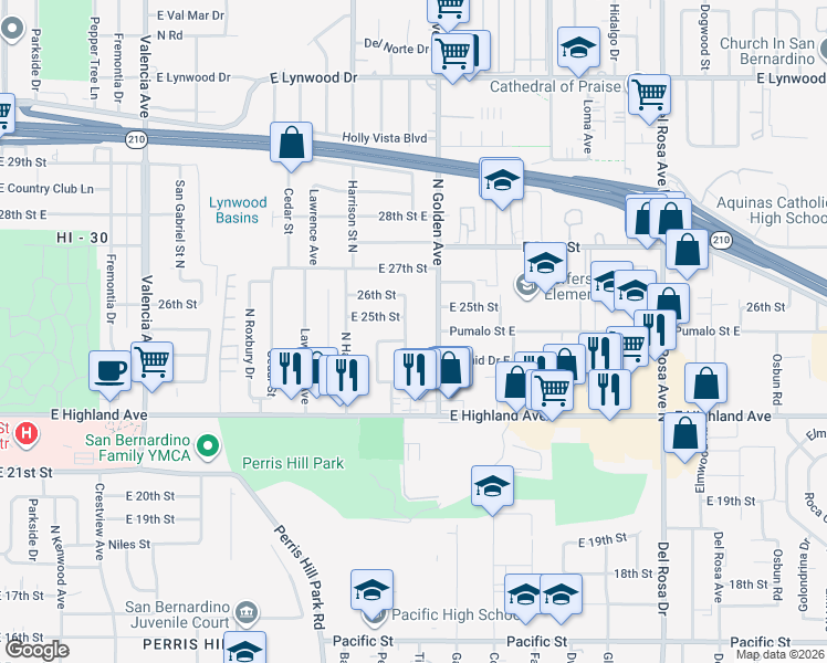map of restaurants, bars, coffee shops, grocery stores, and more near 1162 East 24th Street in San Bernardino