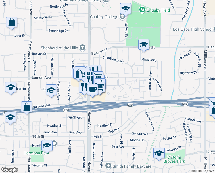 map of restaurants, bars, coffee shops, grocery stores, and more near 20655 Lemon Avenue in Rancho Cucamonga