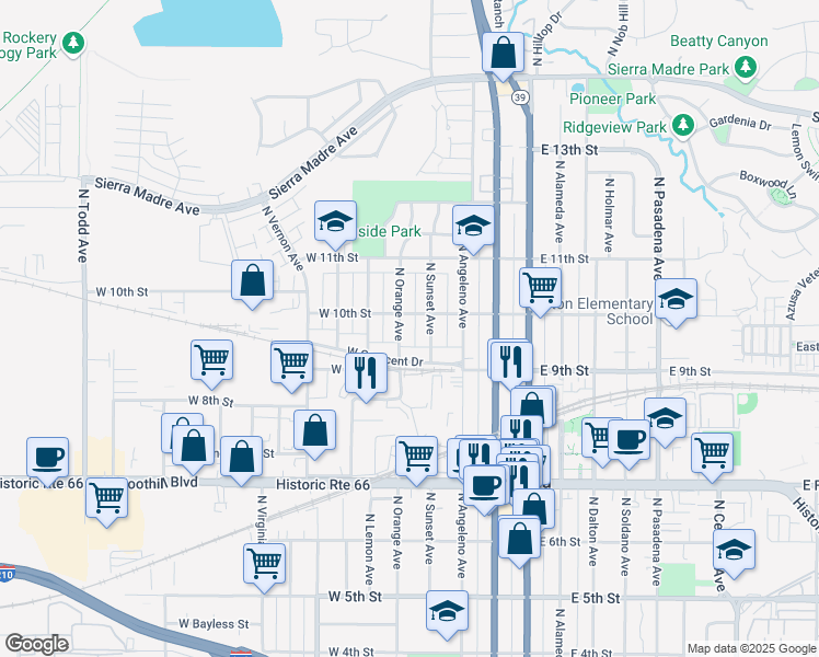 map of restaurants, bars, coffee shops, grocery stores, and more near 932 North Orange Avenue in Azusa