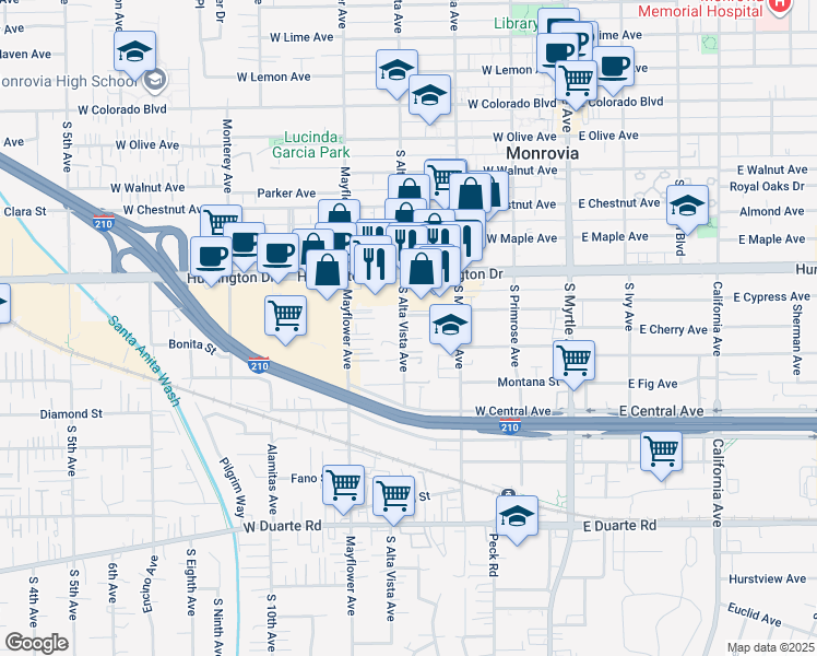 map of restaurants, bars, coffee shops, grocery stores, and more near 1214 South Alta Vista Avenue in Monrovia