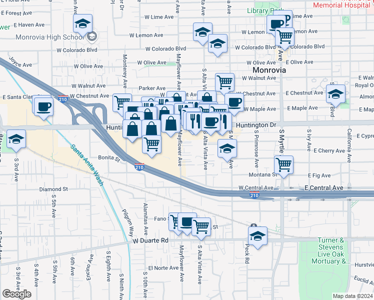 map of restaurants, bars, coffee shops, grocery stores, and more near 1216 Mayflower Avenue in Monrovia