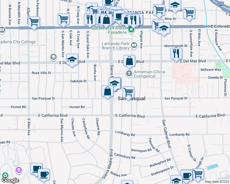 map of restaurants, bars, coffee shops, grocery stores, and more near 444 South Sierra Madre Boulevard in Pasadena