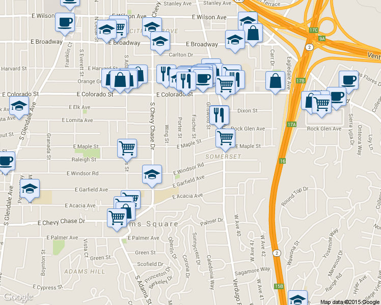 map of restaurants, bars, coffee shops, grocery stores, and more near 1341 Kent Place in Glendale