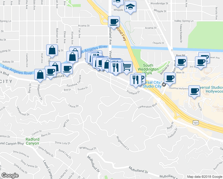map of restaurants, bars, coffee shops, grocery stores, and more near 3854 Vineland Avenue in Los Angeles