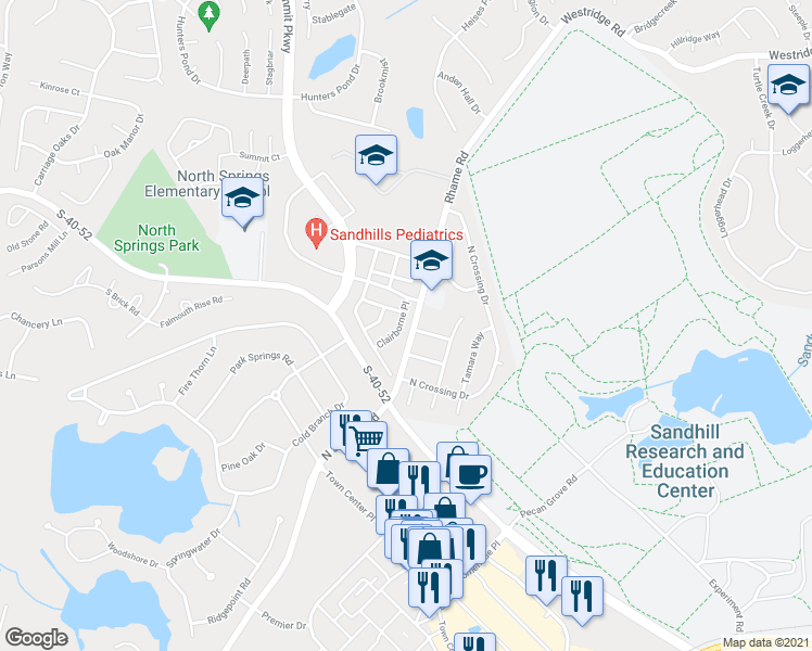 map of restaurants, bars, coffee shops, grocery stores, and more near 115 Clairborne Place in Columbia