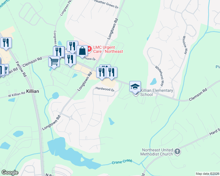 map of restaurants, bars, coffee shops, grocery stores, and more near 124 Hardwood Drive in Columbia