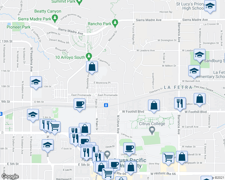 map of restaurants, bars, coffee shops, grocery stores, and more near 870c North Chaparral Lane in Azusa