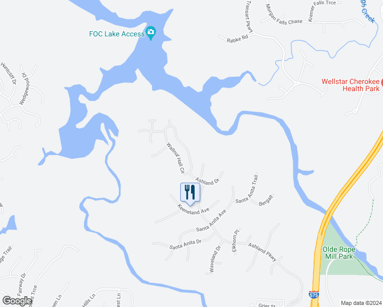 map of restaurants, bars, coffee shops, grocery stores, and more near 122 Wallnut Hall Circle in Woodstock