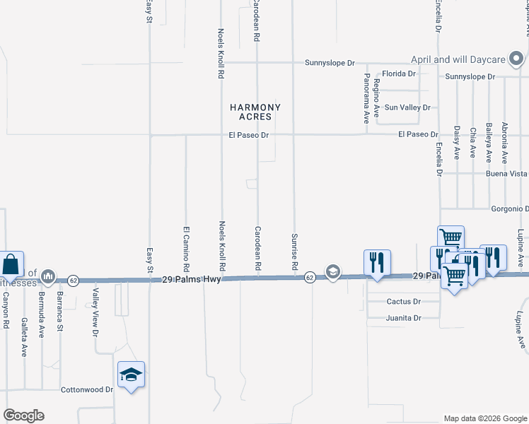 map of restaurants, bars, coffee shops, grocery stores, and more near 6333 Carodean Road in Twentynine Palms