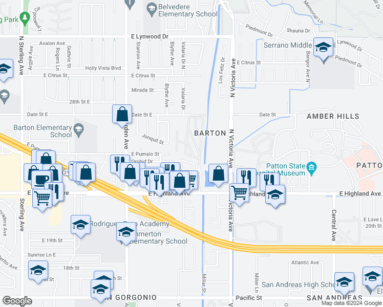 map of restaurants, bars, coffee shops, grocery stores, and more near 2692 Highland Avenue in Highland
