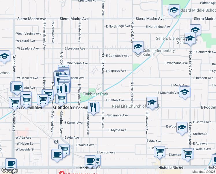 map of restaurants, bars, coffee shops, grocery stores, and more near 555 East Mountain View Avenue in Glendora