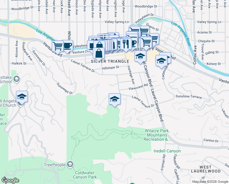 map of restaurants, bars, coffee shops, grocery stores, and more near 12205 Viewcrest Road in Los Angeles