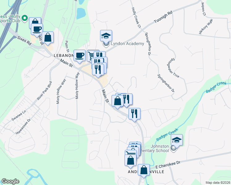 map of restaurants, bars, coffee shops, grocery stores, and more near 227 Fox Creek Boulevard in Woodstock