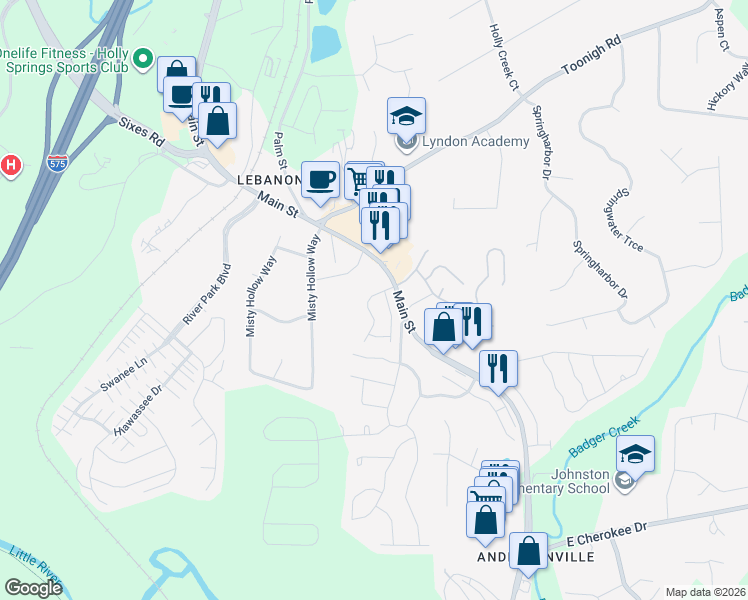 map of restaurants, bars, coffee shops, grocery stores, and more near 4500 Payne Drive in Woodstock