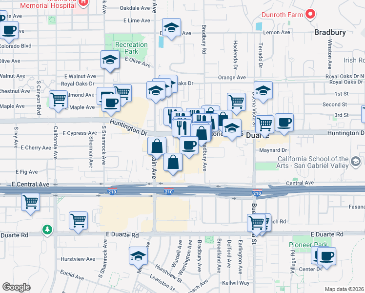 map of restaurants, bars, coffee shops, grocery stores, and more near 1026 Huntington Drive in Duarte