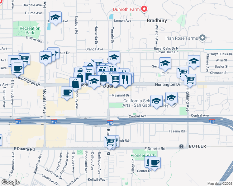 map of restaurants, bars, coffee shops, grocery stores, and more near 1329 Maynard Drive in Duarte