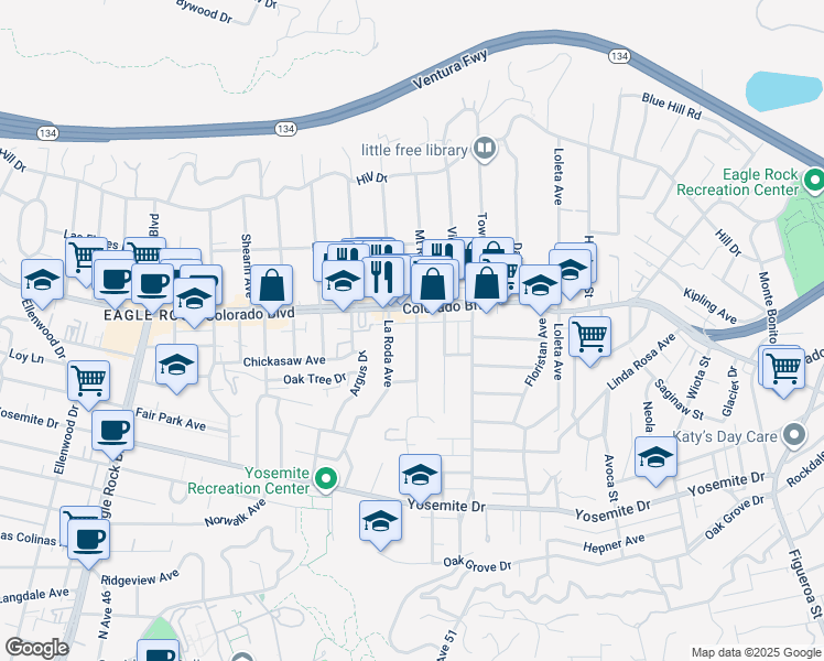 map of restaurants, bars, coffee shops, grocery stores, and more near 5059 Mount Royal Drive in Los Angeles