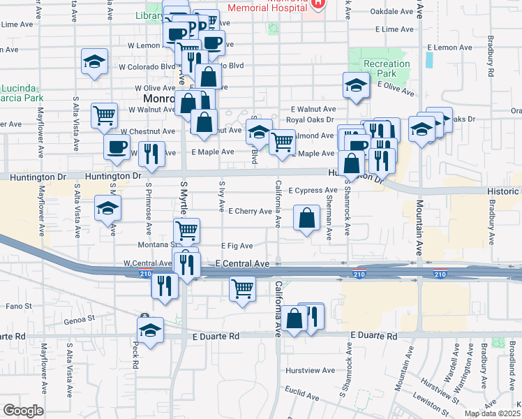 map of restaurants, bars, coffee shops, grocery stores, and more near 261e East Cherry Avenue in Monrovia