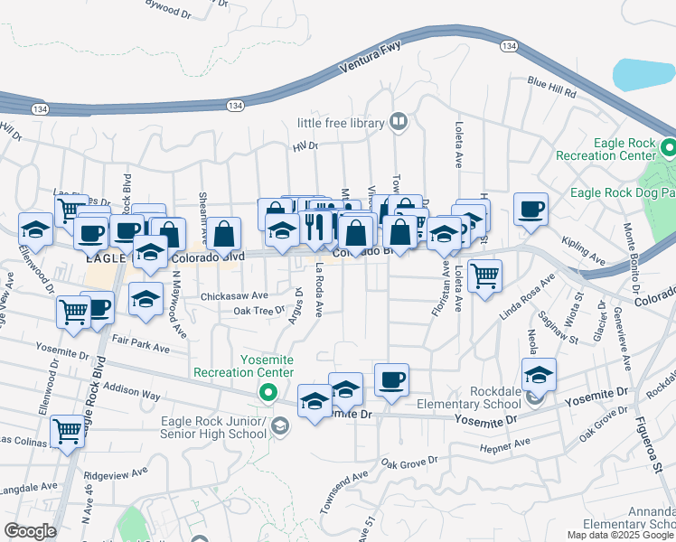 map of restaurants, bars, coffee shops, grocery stores, and more near 5059 Mount Royal Drive in Los Angeles