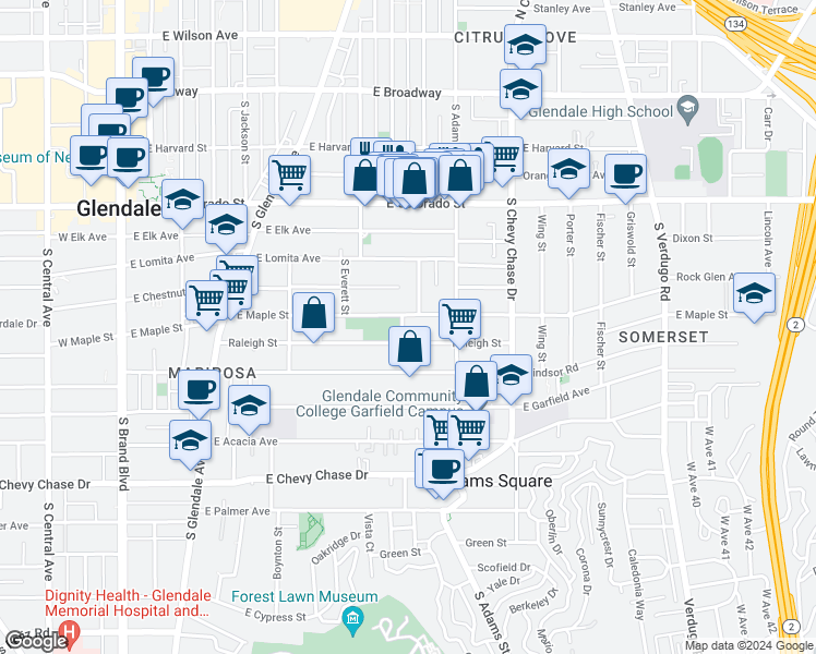 map of restaurants, bars, coffee shops, grocery stores, and more near 905 Raleigh Street in Glendale