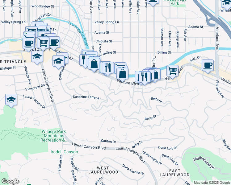 map of restaurants, bars, coffee shops, grocery stores, and more near 11587 Sunshine Terrace in Los Angeles