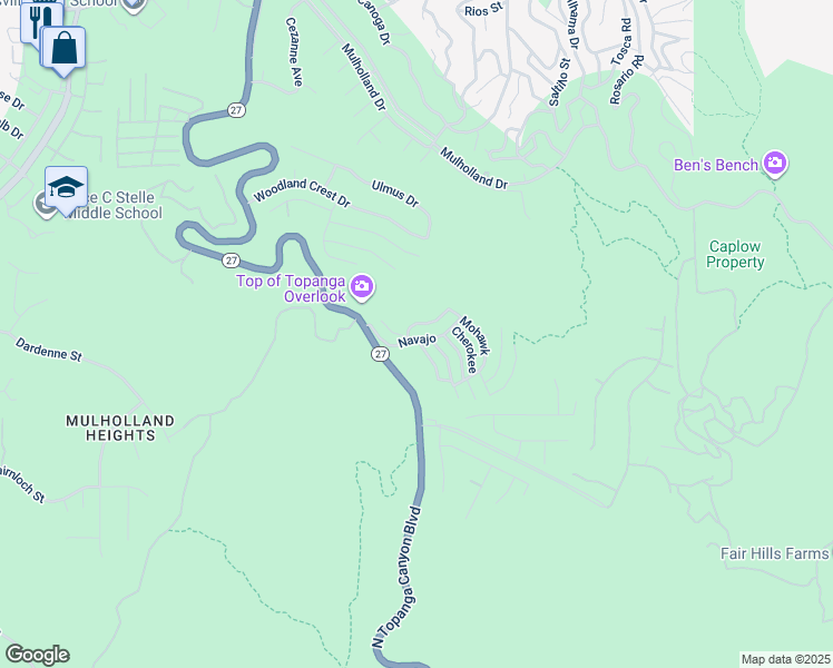 map of restaurants, bars, coffee shops, grocery stores, and more near 121 Navajo in Topanga