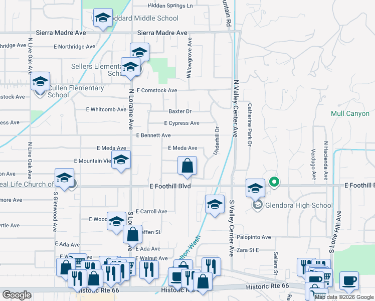map of restaurants, bars, coffee shops, grocery stores, and more near 1312 East Meda Avenue in Glendora
