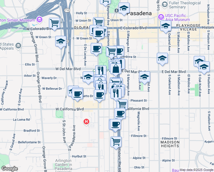 map of restaurants, bars, coffee shops, grocery stores, and more near 421 South Raymond Avenue in Pasadena