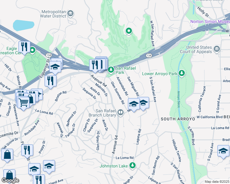 map of restaurants, bars, coffee shops, grocery stores, and more near 160 Glen Summer Road in Pasadena