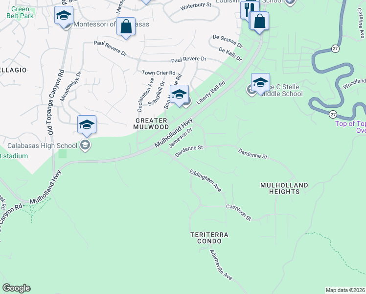map of restaurants, bars, coffee shops, grocery stores, and more near 22601 Dardenne Street in Calabasas