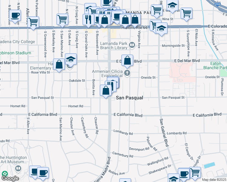 map of restaurants, bars, coffee shops, grocery stores, and more near 432 South Sierra Madre Boulevard in Pasadena