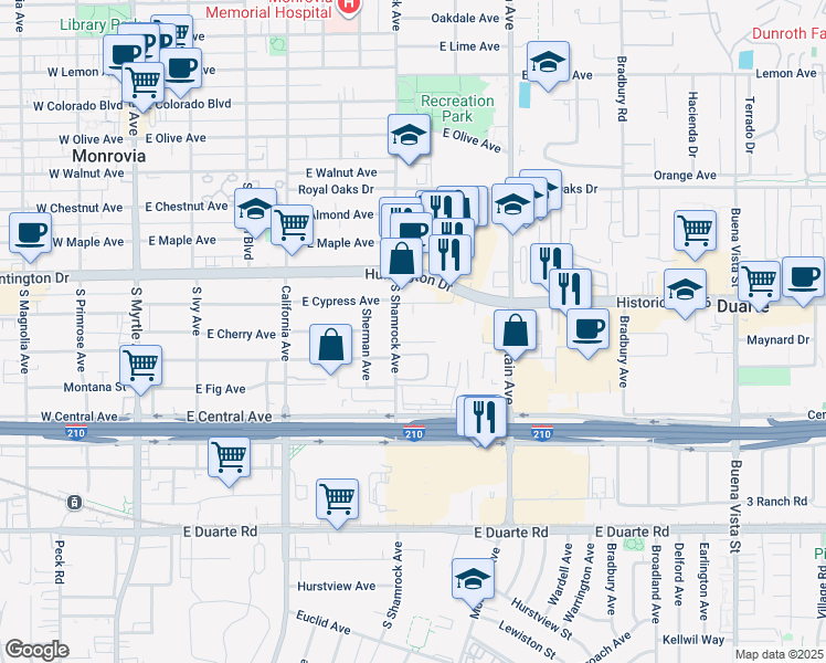 map of restaurants, bars, coffee shops, grocery stores, and more near 715 Los Angeles Avenue in Monrovia