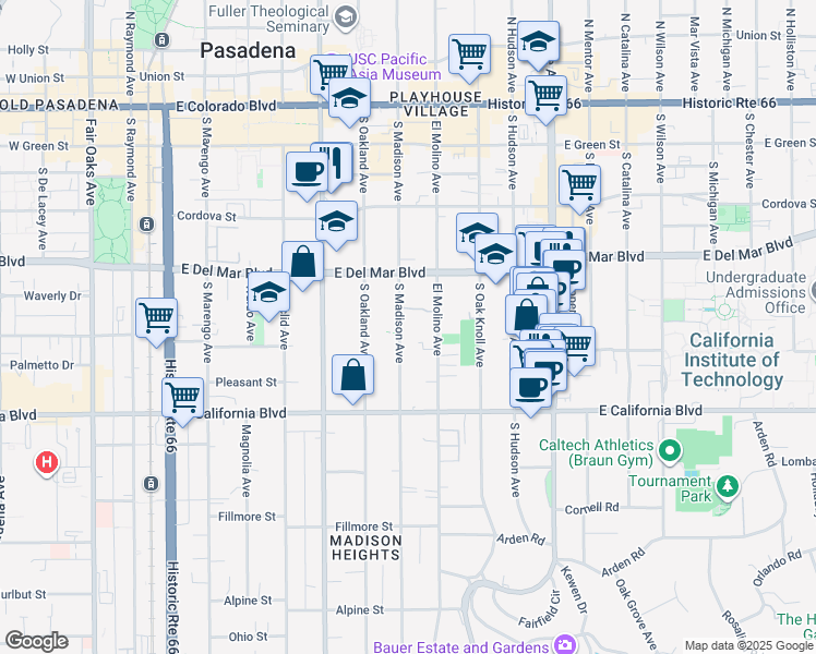 map of restaurants, bars, coffee shops, grocery stores, and more near 427 South Madison Avenue in Pasadena