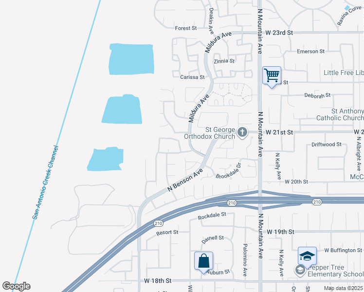 map of restaurants, bars, coffee shops, grocery stores, and more near 2074 Redgrove Way in Upland
