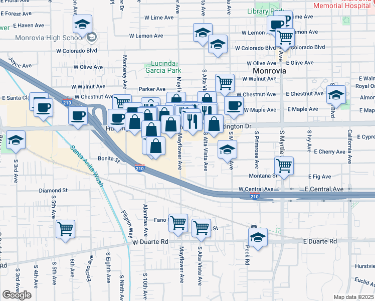 map of restaurants, bars, coffee shops, grocery stores, and more near 1216 Mayflower Avenue in Monrovia