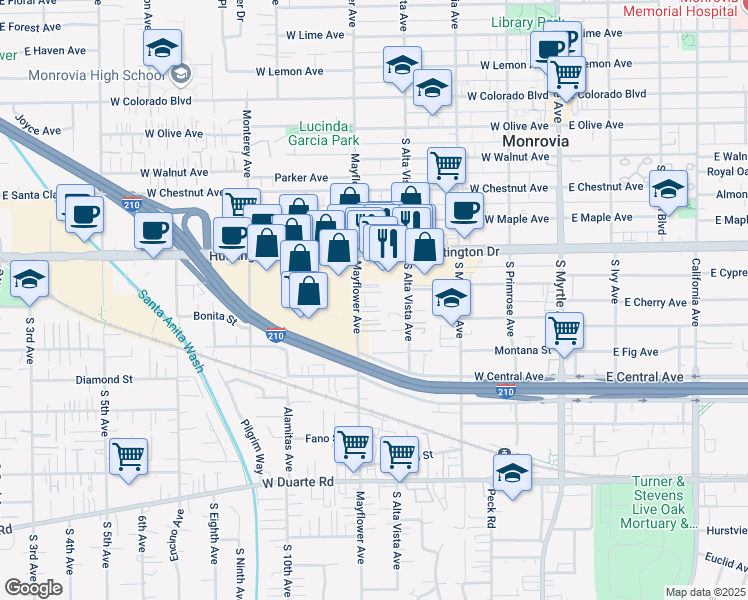 map of restaurants, bars, coffee shops, grocery stores, and more near 1208 Mayflower Avenue in Monrovia