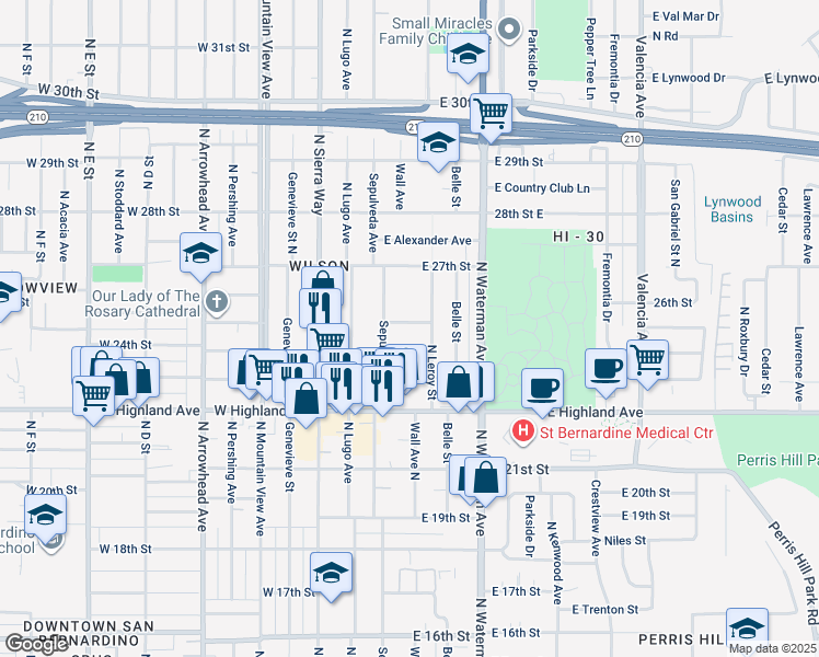 map of restaurants, bars, coffee shops, grocery stores, and more near 229 East 25th Street in San Bernardino