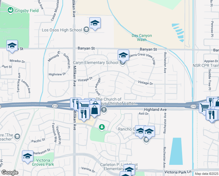 map of restaurants, bars, coffee shops, grocery stores, and more near 11539 Santiago Peak Court in Rancho Cucamonga