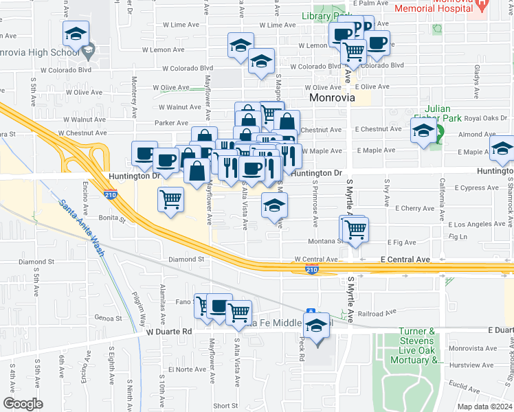 map of restaurants, bars, coffee shops, grocery stores, and more near 1214 South Alta Vista Avenue in Monrovia