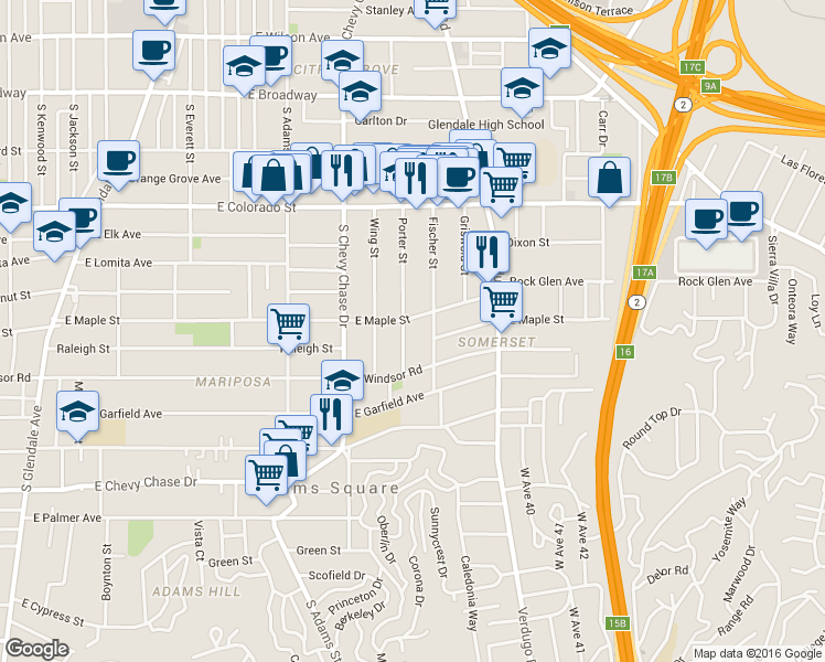 map of restaurants, bars, coffee shops, grocery stores, and more near 708 Porter Street in Glendale