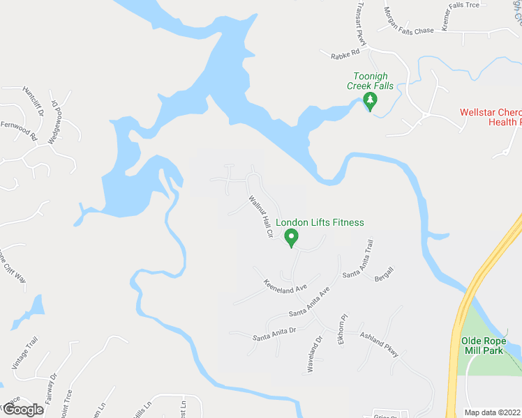 map of restaurants, bars, coffee shops, grocery stores, and more near Walnut Hall Circle in Woodstock